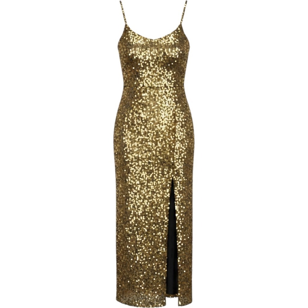 90's Michele Vincent Sequin Dress Womens 7/8 Gold NWOT Vintage Side‎ Slit Gown